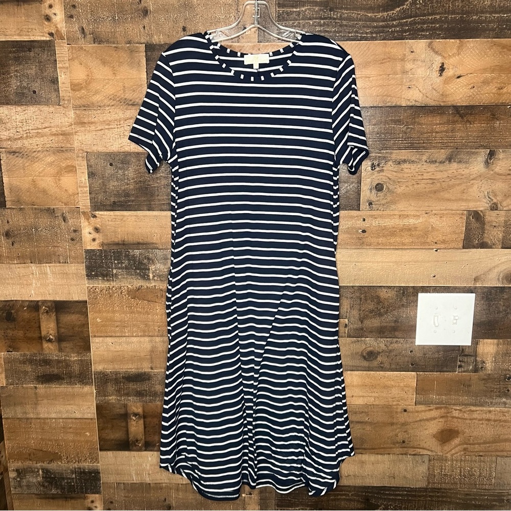 Simply Southern Size Medium Dress Blue Striped Short Sleeve Pockets Beach